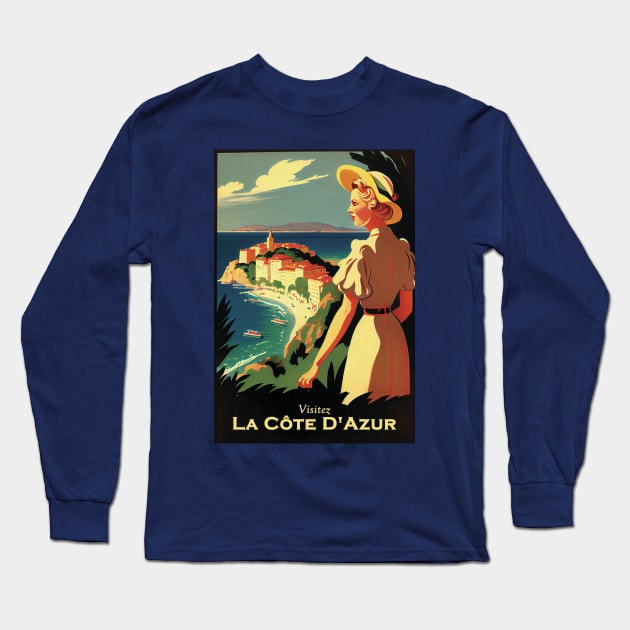 Cote D'Azur Vintage Travel Poster Long Sleeve T-Shirt by GreenMary Design